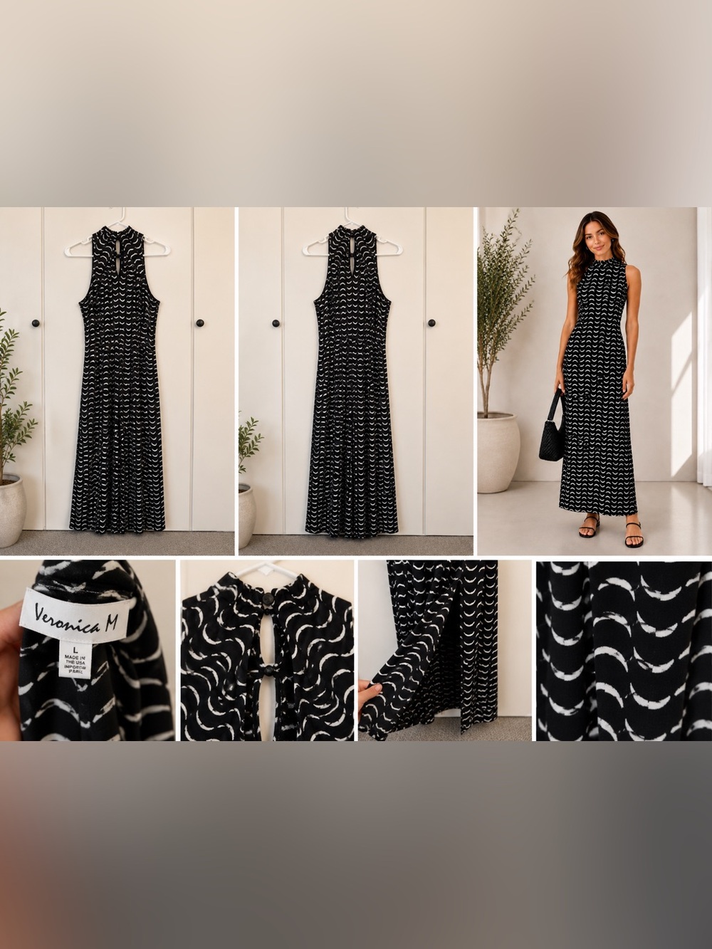 Veronica M Black & White Sleeveless Maxi Jumpsuit with Wave Print